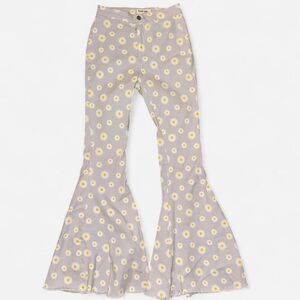 Grey Flare Pants with Yellow and White Daisy Pattern SIZE SMALL